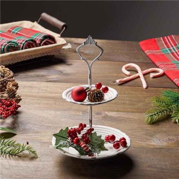 Small 2 Tier Worn White Metal Tray, Rustic Farmhouse Decor, Tiered Jewelry Tray - Picture 6 of 7